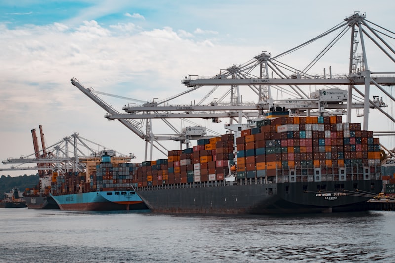 Container ship docked at a port under gantry cranes